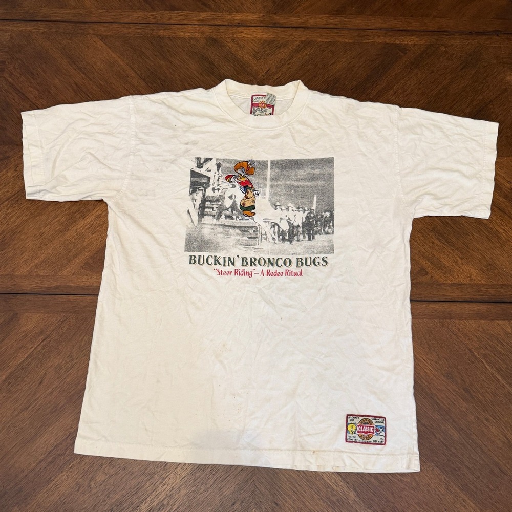 Vintage Looney Tunes Buckin Bronco Bugs Bunny Rodeo T-Shirt XL Cream Warner Bros